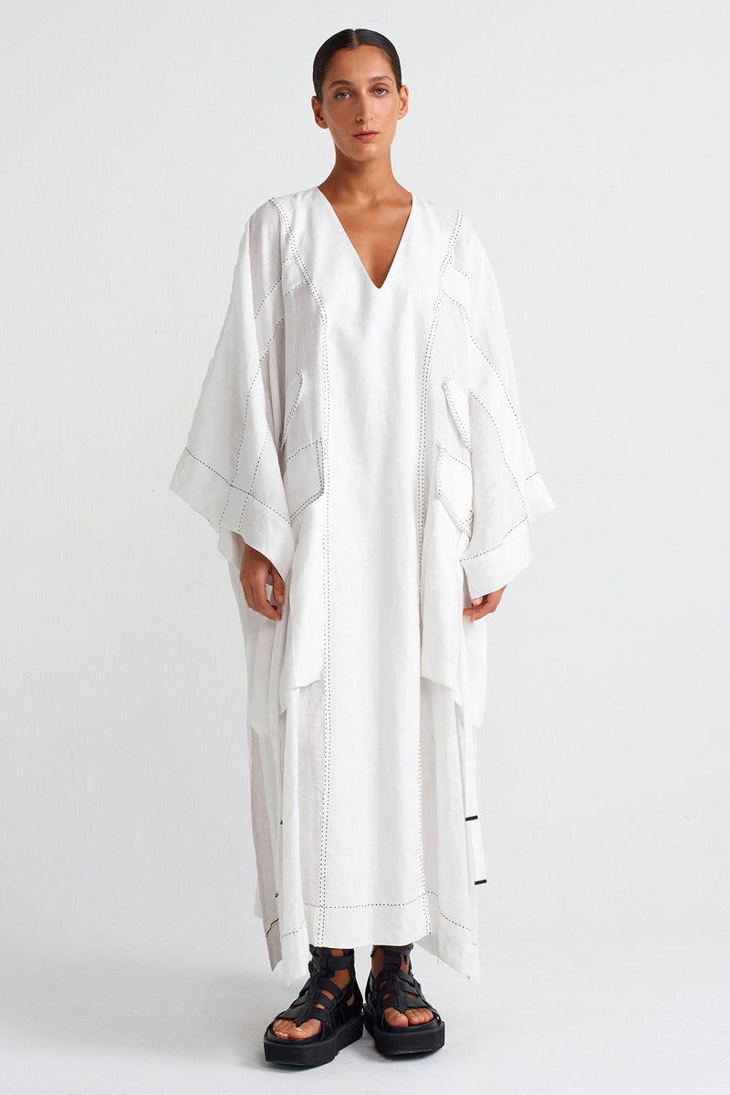 Nu Contrast Stitched Pocketed Linen Kaftan Dress Off White/Black