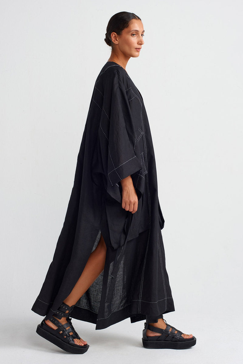 Nu Contrast Stitched Pocketed Linen Kaftan Dress Black/Offwhite