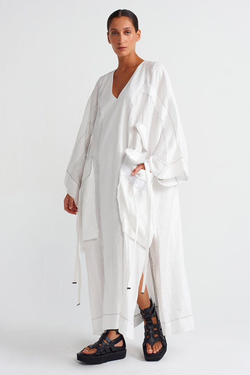 Nu Contrast Stitched Pocketed Linen Kaftan Dress Off White/Black
