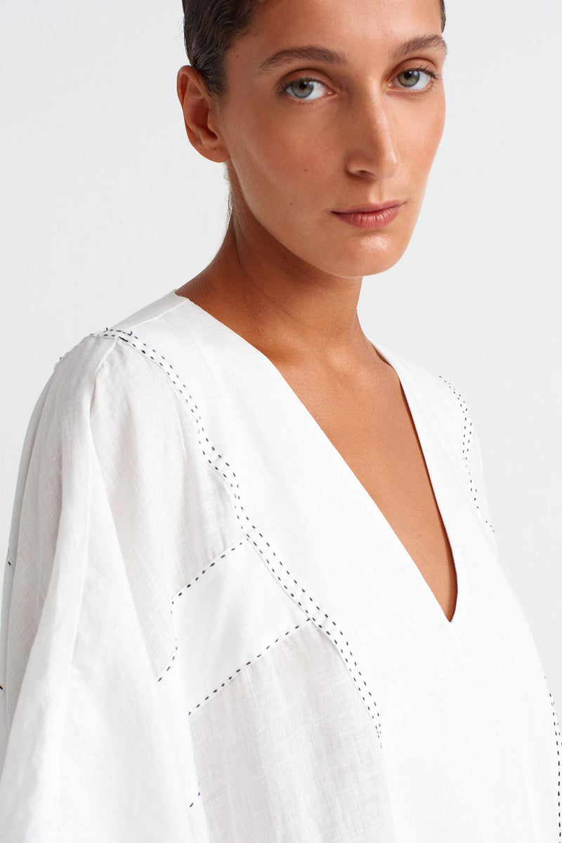 Nu Contrast Stitched Pocketed Linen Kaftan Dress Off White/Black