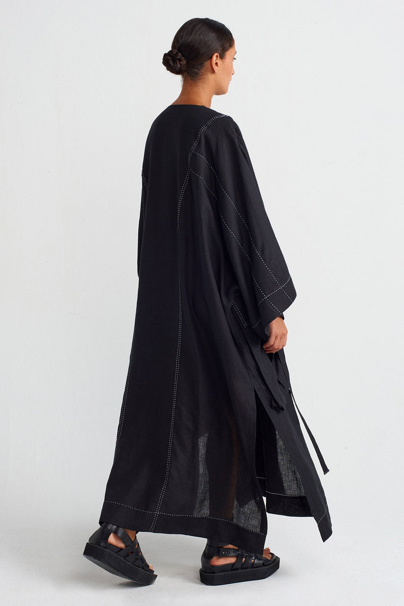 Nu Contrast Stitched Pocketed Linen Kaftan Dress Black/Offwhite