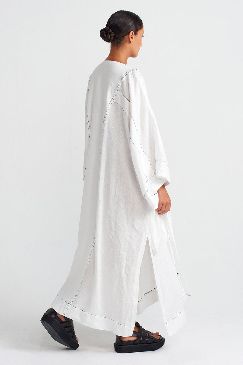 Nu Contrast Stitched Pocketed Linen Kaftan Dress Off White/Black