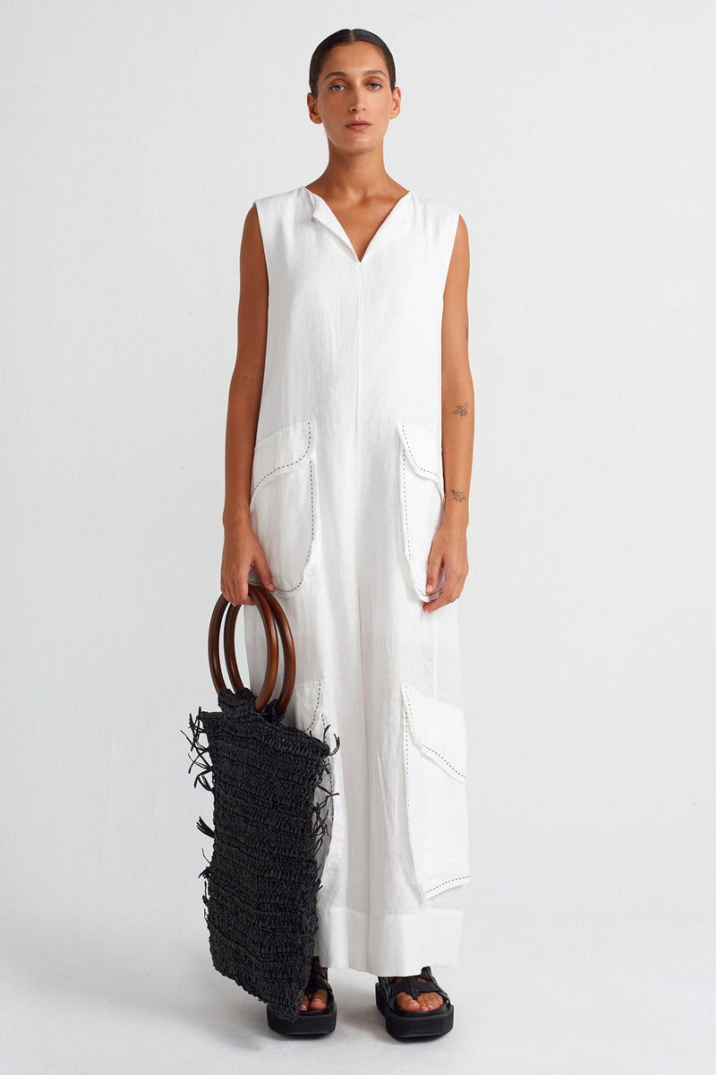 Nu Contrast Stitched Pocketed Linen Overalls Off White/Black