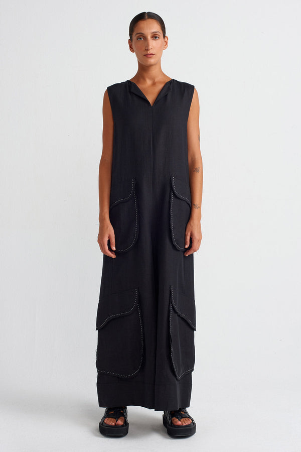 Nu Contrast Stitched Pocketed Linen Overalls Black/Offwhite