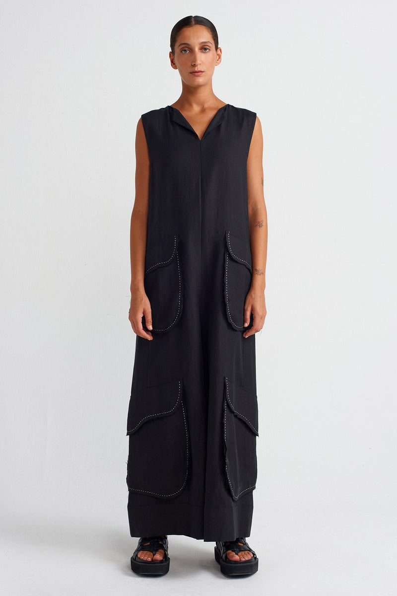 Nu Contrast Stitched Pocketed Linen Overalls Black/Offwhite