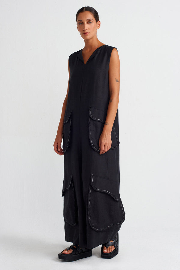 Nu Contrast Stitched Pocketed Linen Overalls Black/Offwhite