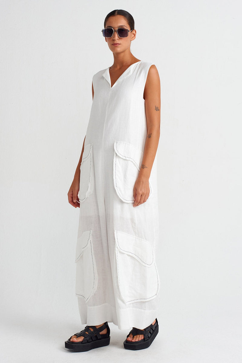 Nu Contrast Stitched Pocketed Linen Overalls Off White/Black