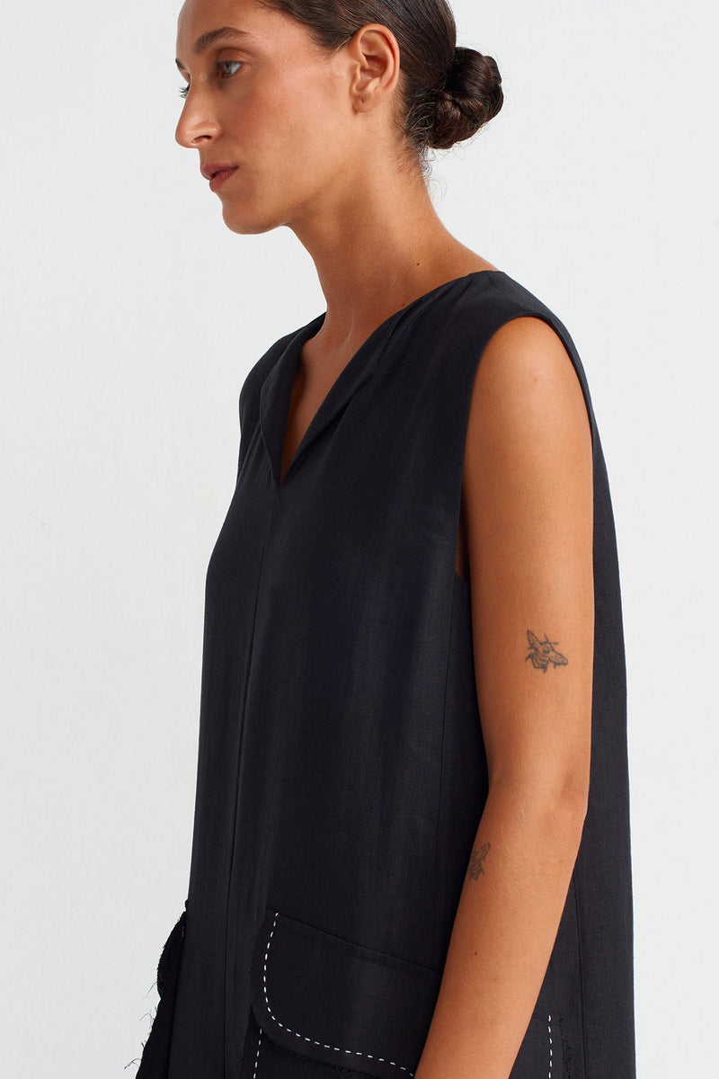 Nu Contrast Stitched Pocketed Linen Overalls Black/Offwhite