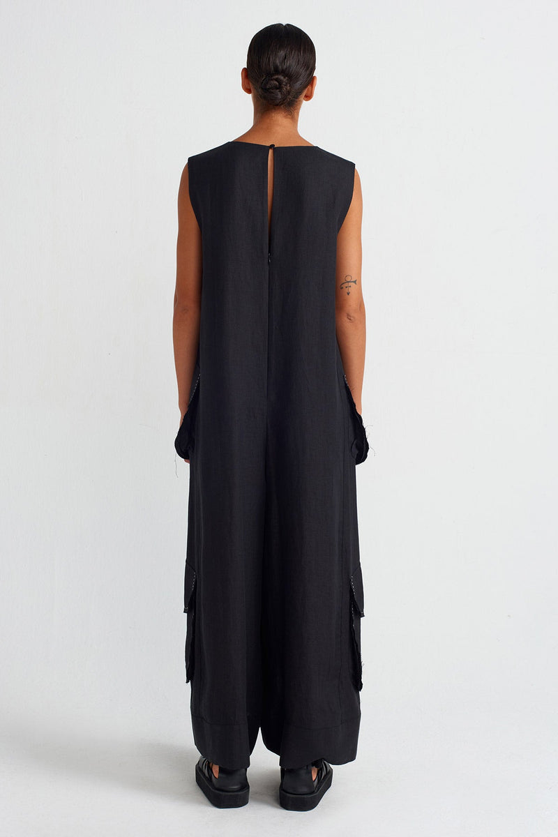 Nu Contrast Stitched Pocketed Linen Overalls Black/Offwhite