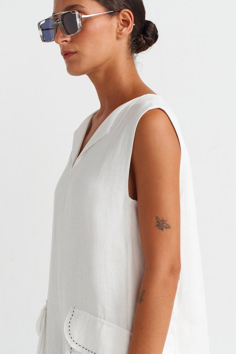 Nu Contrast Stitched Pocketed Linen Overalls Off White/Black