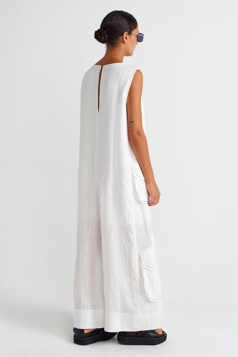 Nu Contrast Stitched Pocketed Linen Overalls Off White/Black