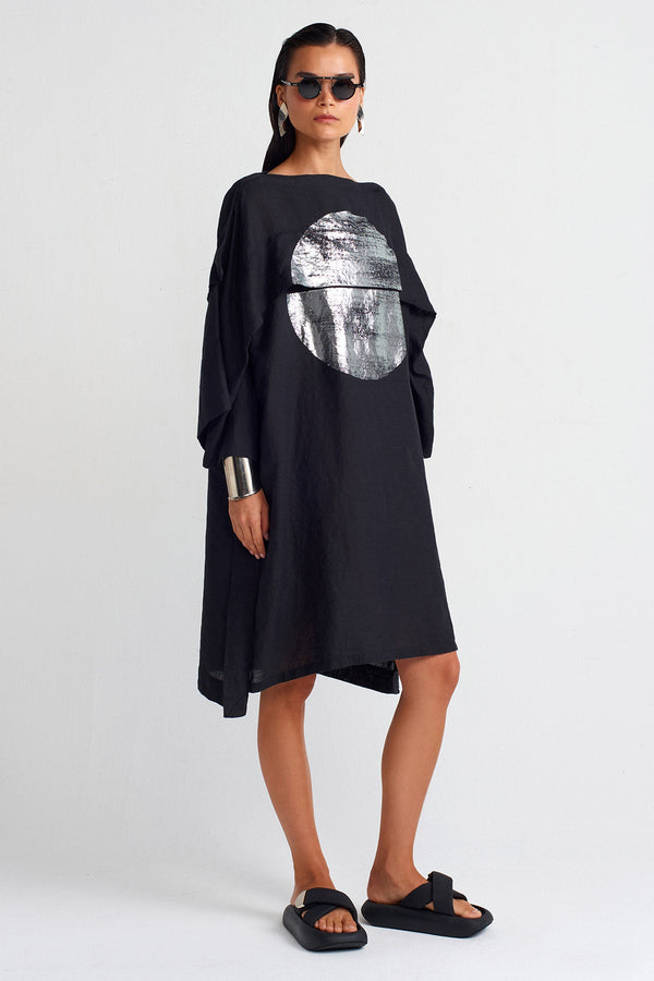 Nu Silver Printed Linen Dress Black - Silver