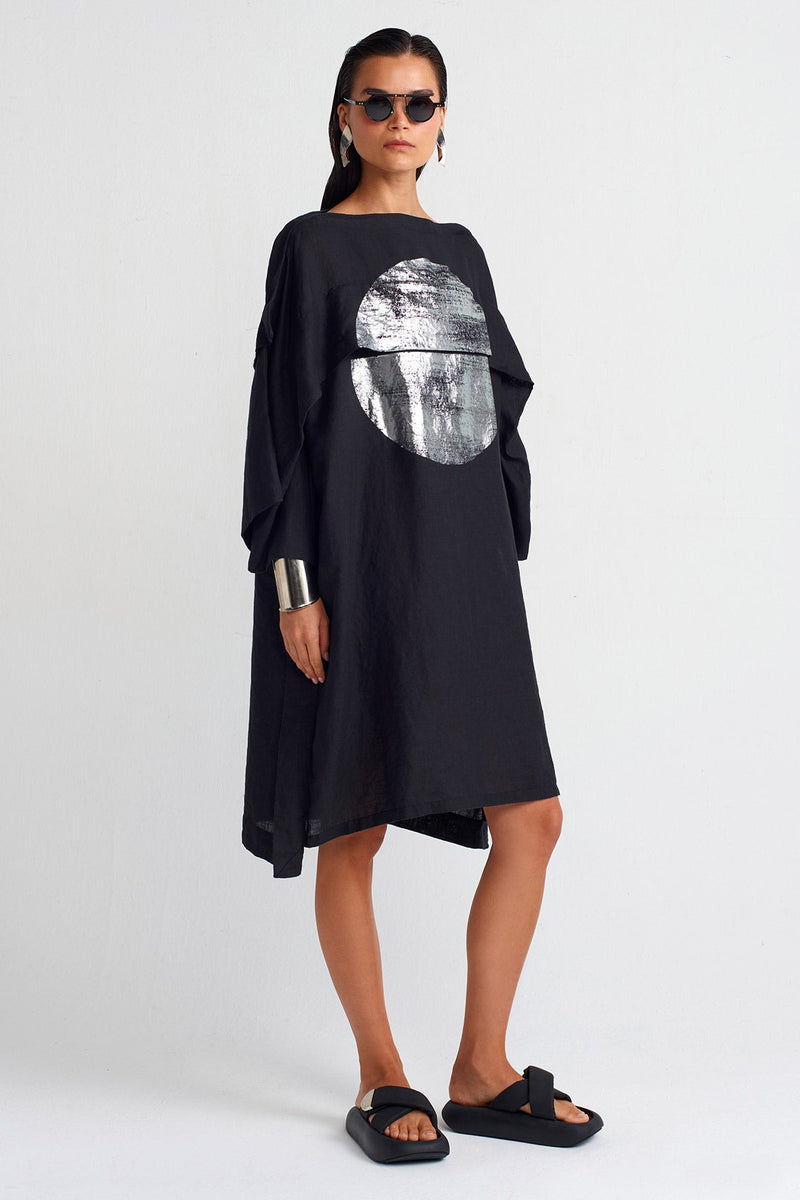 Nu Silver Printed Linen Dress Black - Silver