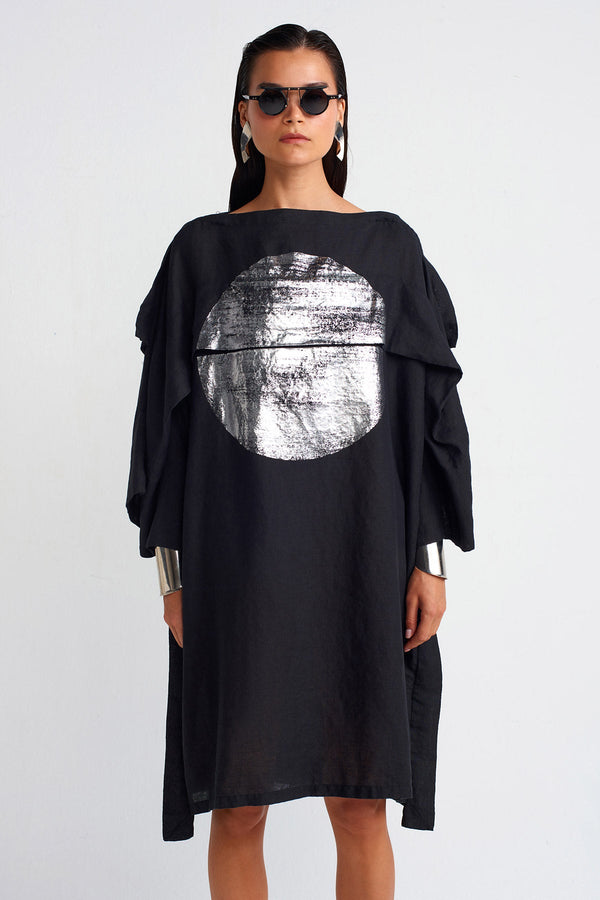 Nu Silver Printed Linen Dress Black - Silver