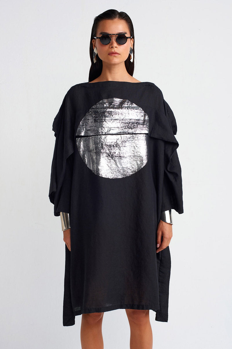 Nu Silver Printed Linen Dress Black - Silver