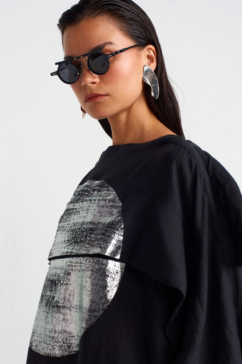 Nu Silver Printed Linen Dress Black - Silver