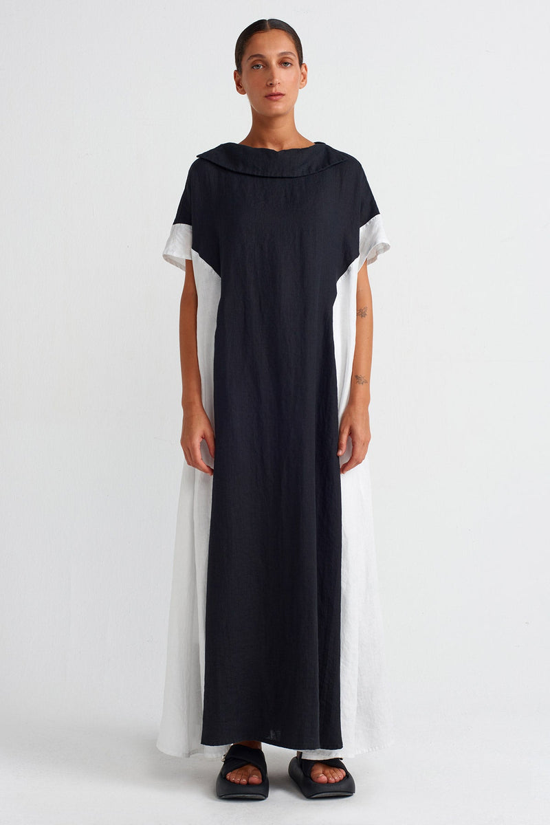 Nu Color Block Linen Dress Black/Offwhite