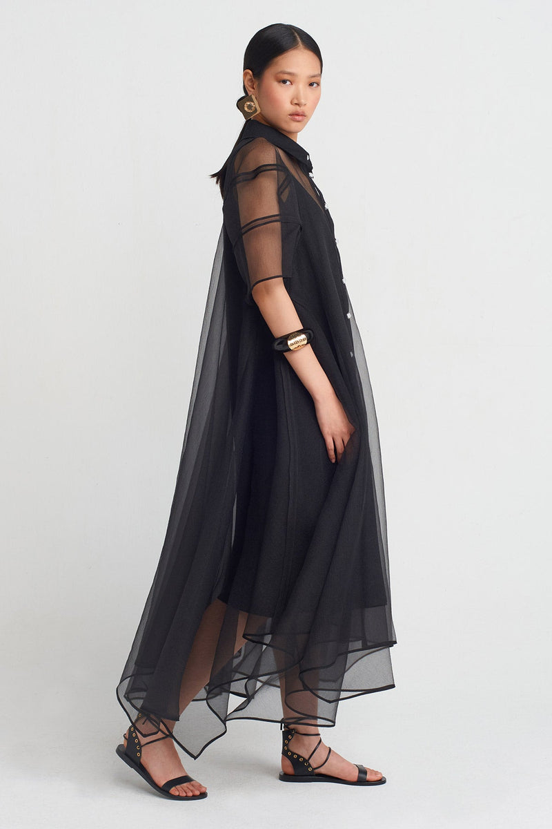 Nu Elegant Shirt Dress With Organza Details Black