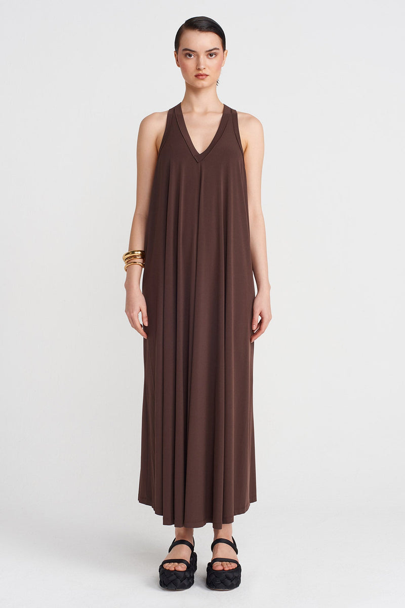 Nu V-Neck Long Jersey Dress Chocolate Brown