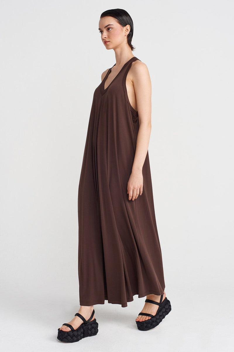 Nu V-Neck Long Jersey Dress Chocolate Brown