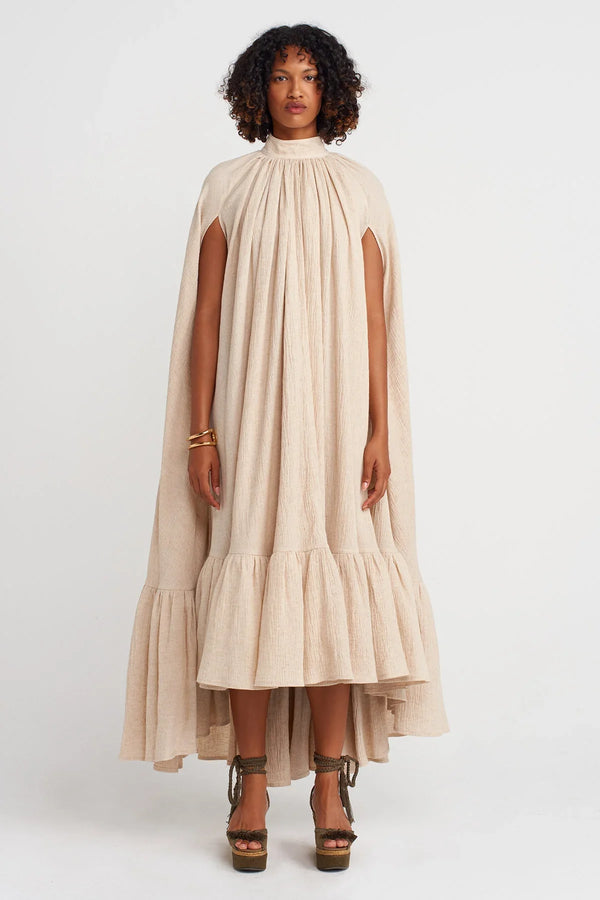 Nu Sleeveless And Ruffled Long Elegant Crinkle Dress Natural