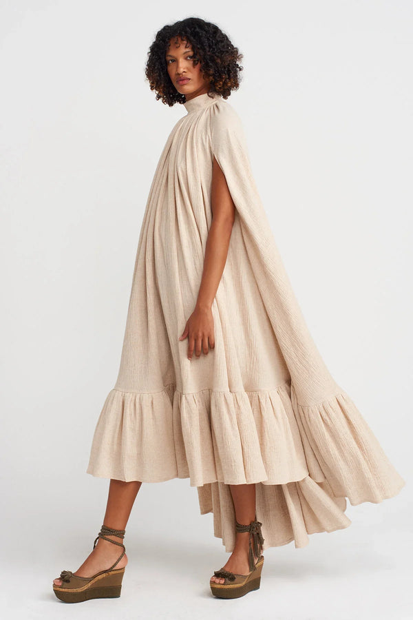 Nu Sleeveless And Ruffled Long Elegant Crinkle Dress Natural