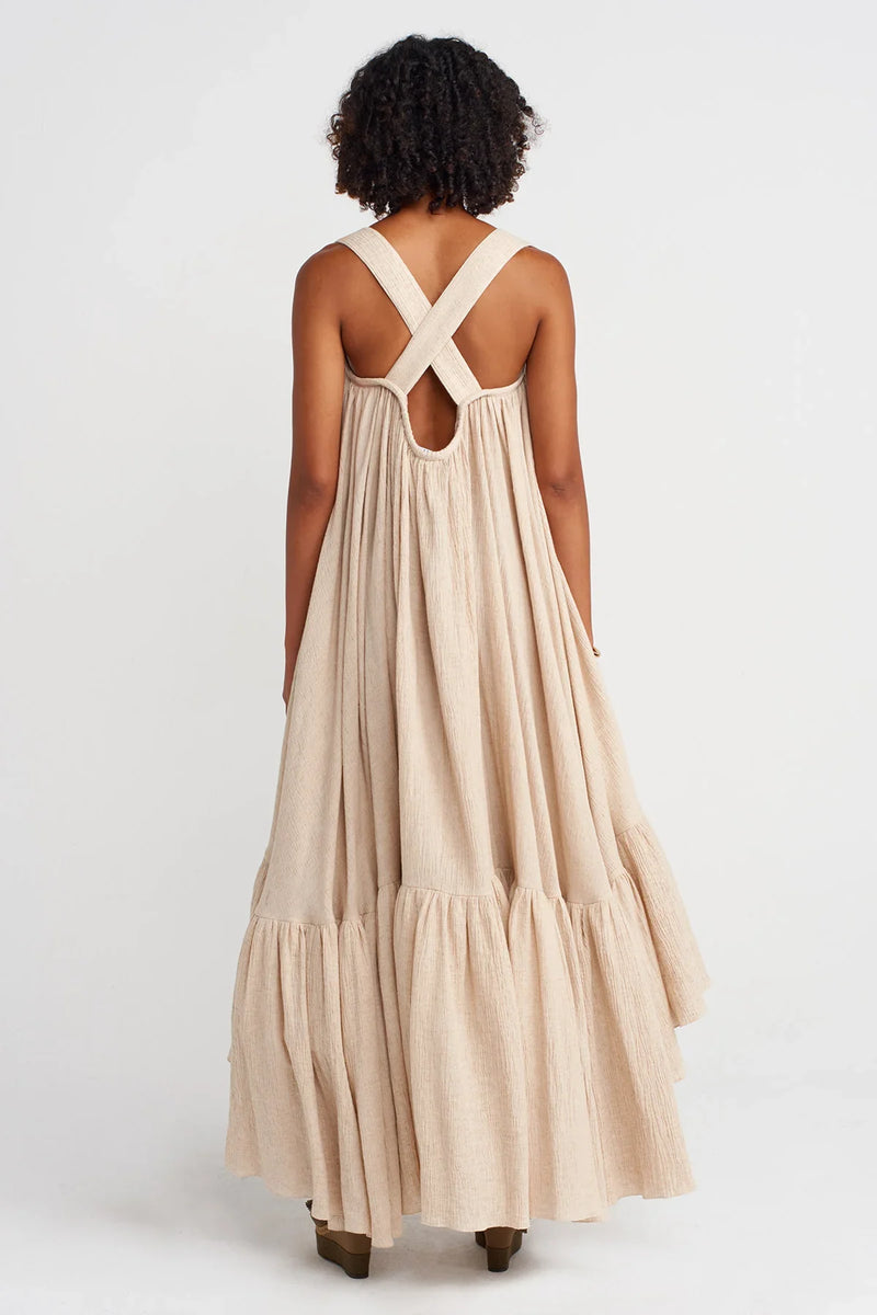 Nu Elegant Crinkle Dress With Cape And Ruffles Natural
