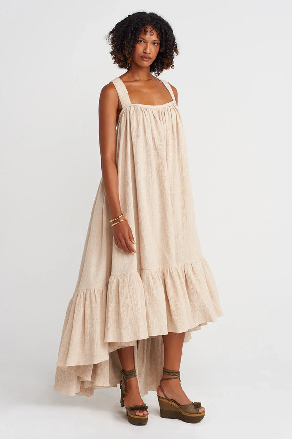 Nu Elegant Crinkle Dress With Cape And Ruffles Natural