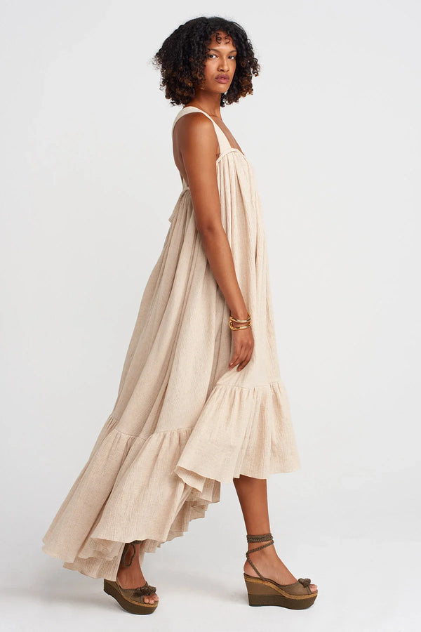 Nu Elegant Crinkle Dress With Cape And Ruffles Natural