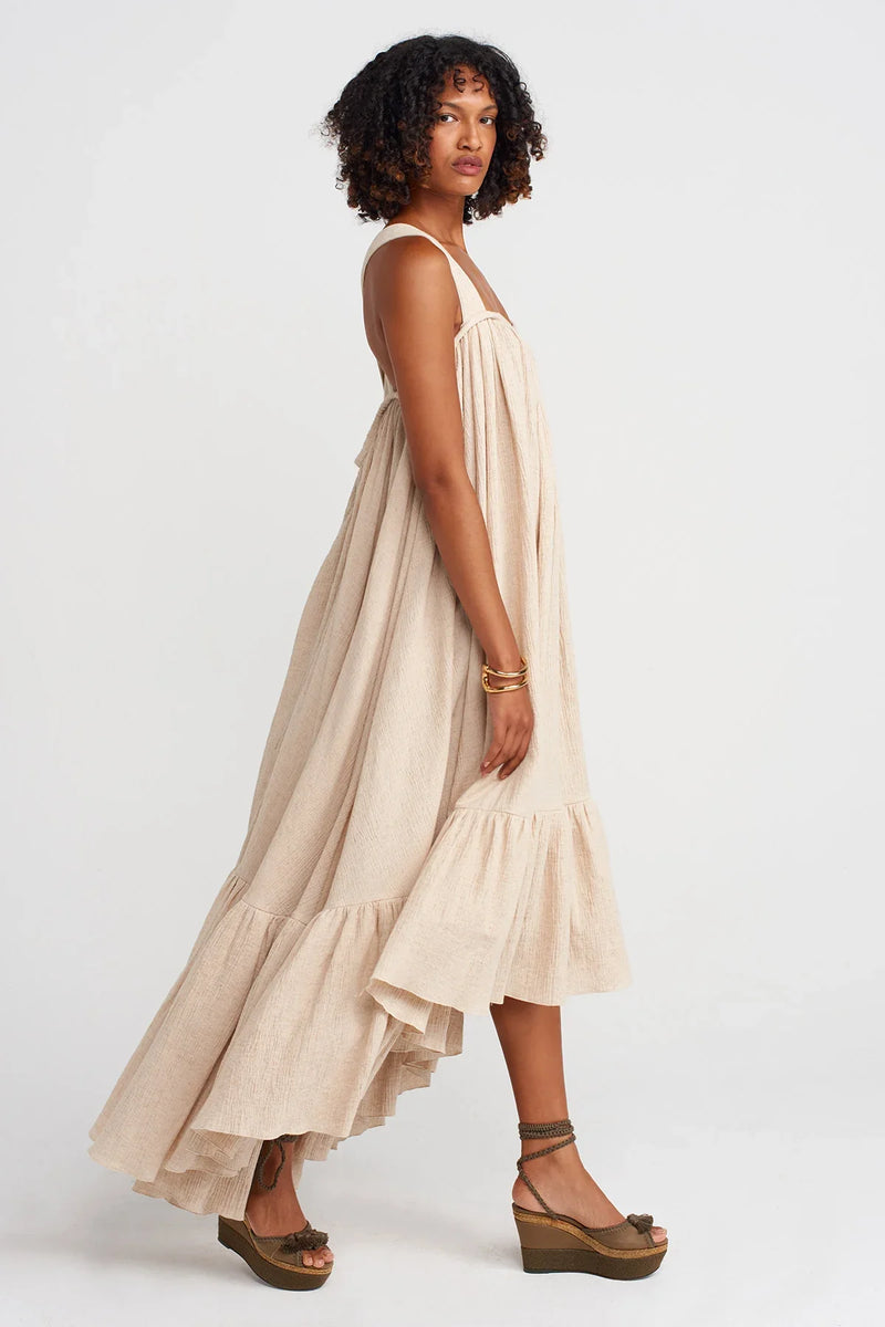 Nu Elegant Crinkle Dress With Cape And Ruffles Natural