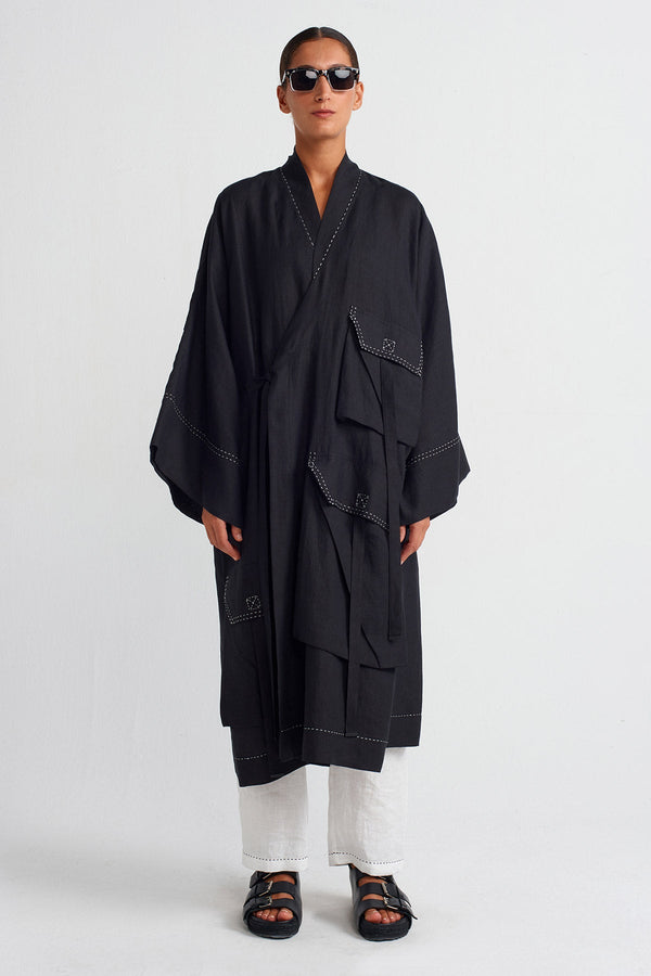 Nu Contrast Stitched Pocket Linen Kimono Black/Offwhite