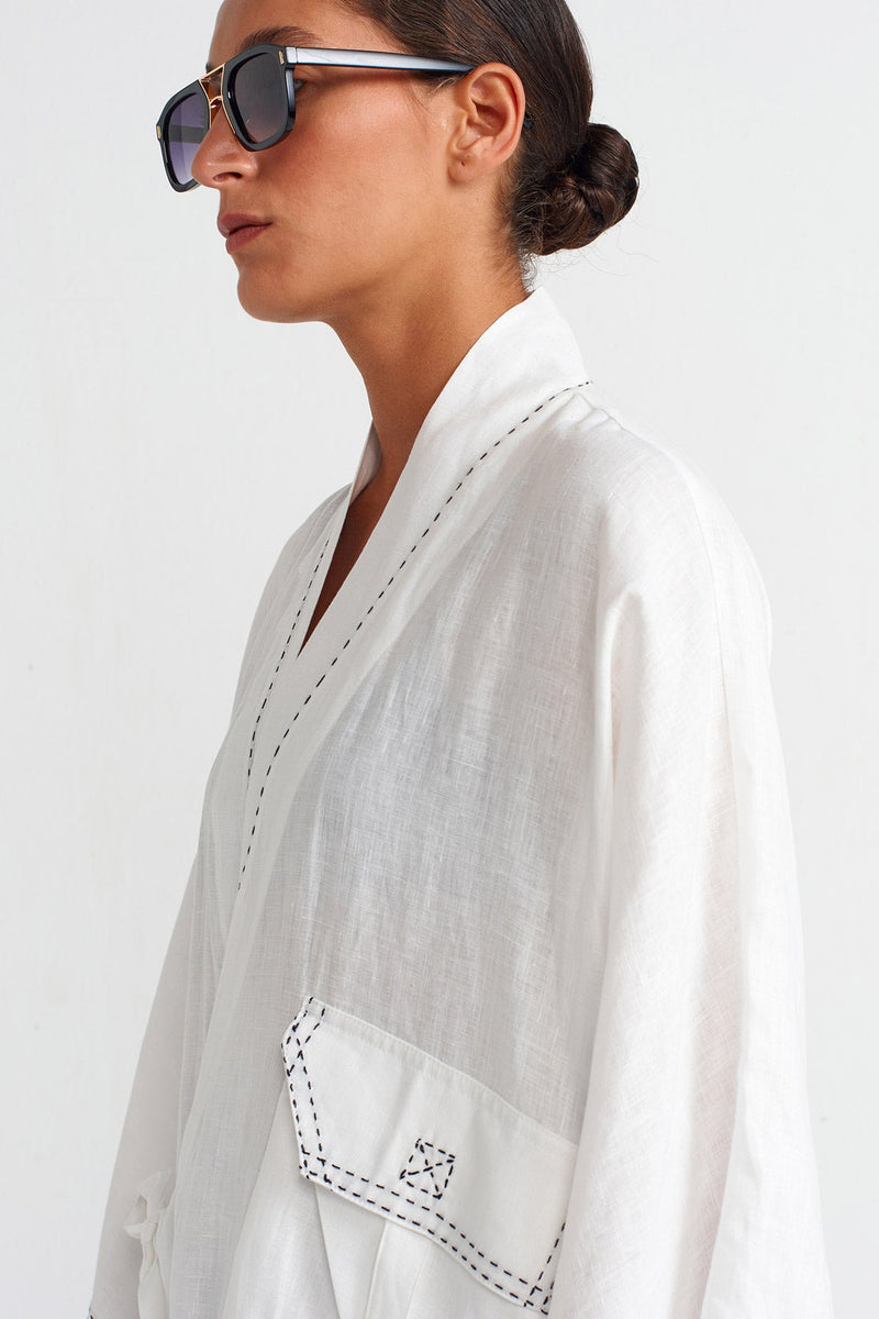 Nu Contrast Stitched Pocket Linen Kimono Off White/Black