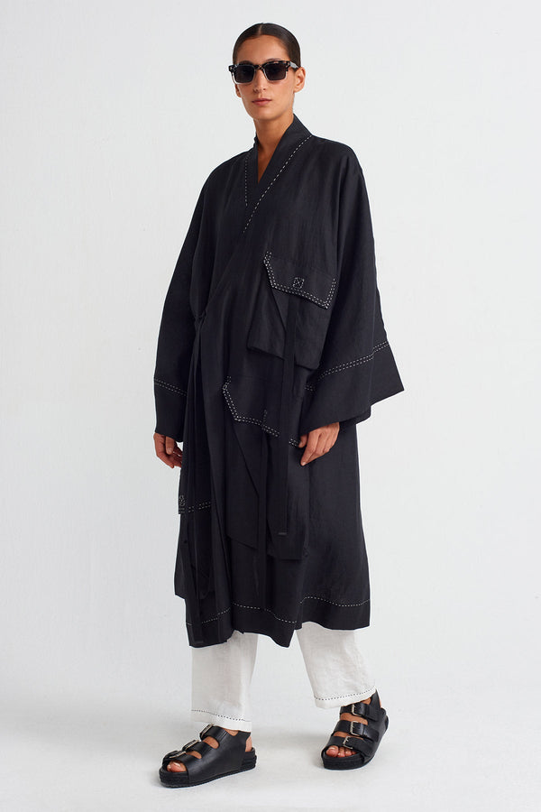 Nu Contrast Stitched Pocket Linen Kimono Black/Offwhite