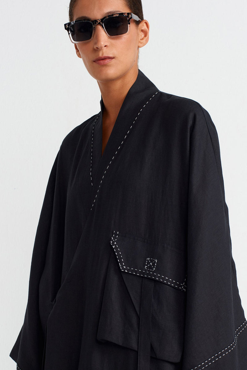 Nu Contrast Stitched Pocket Linen Kimono Black/Offwhite