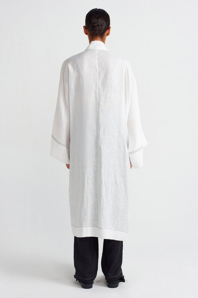 Nu Contrast Stitched Pocket Linen Kimono Off White/Black