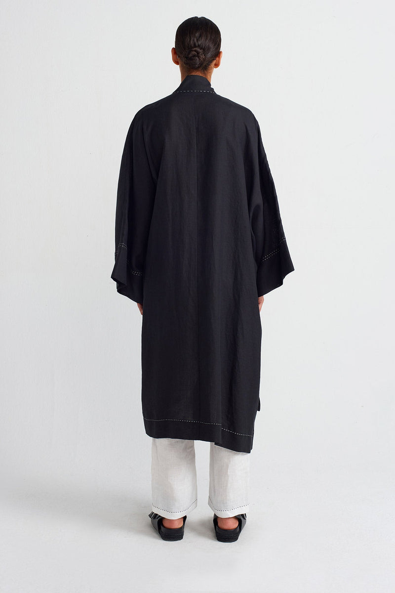 Nu Contrast Stitched Pocket Linen Kimono Black/Offwhite