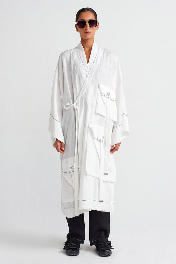 Nu Contrast Stitched Pocket Linen Kimono Off White/Black