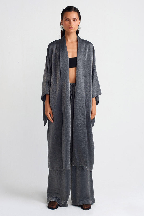 Nu Shiny Fabric Long Kimono Grey