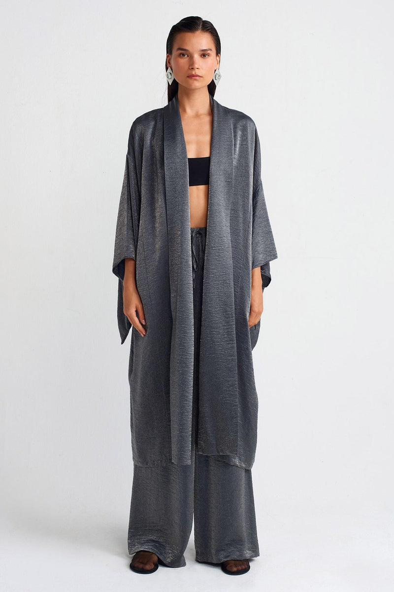 Nu Shiny Fabric Long Kimono Grey