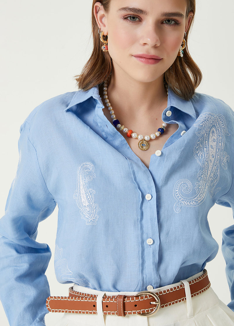 Beymen Club Ethnic Embroidered Linen Shirt Light Blue