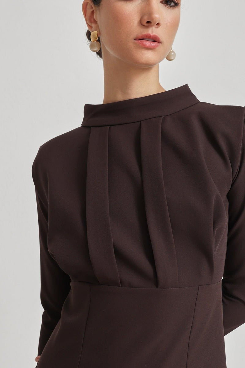 Setre Long Sleeve Dress With Draped Detail Coffee Brown