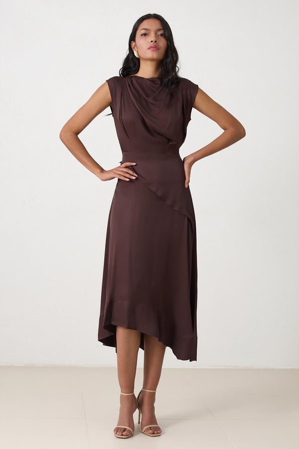 Setre Collar Tie Detail Draped Dress Brown