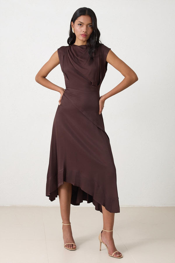 Setre Collar Tie Detail Draped Dress Brown