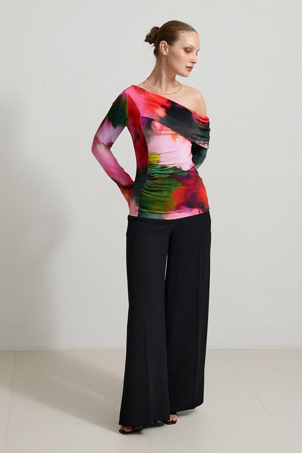 Setre Collar And Waist Detailed Patterned Blouse Red