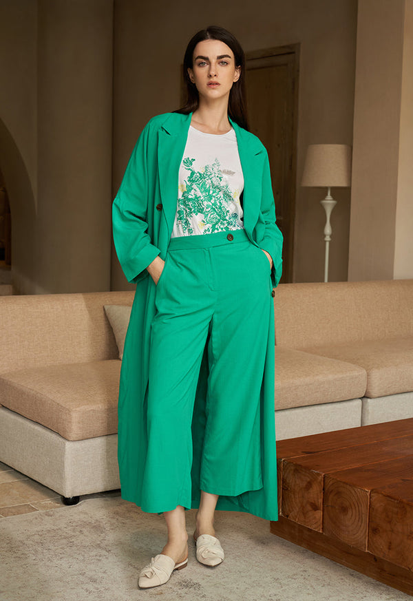 Choice Button Detail Wide Leg Trousers Green