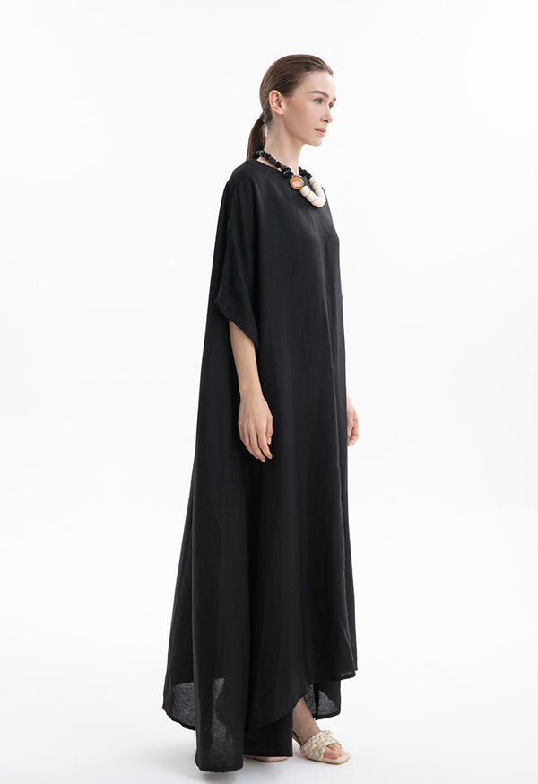 Choice Textured Linen Long Flared Dress Black