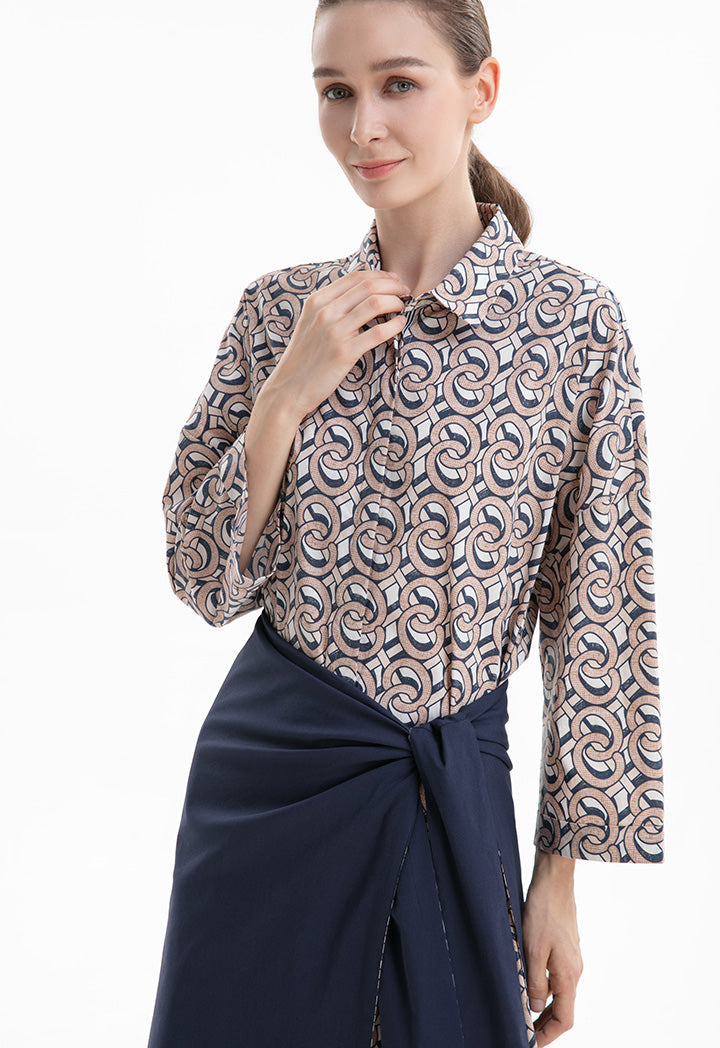 Choice Wrap Skirt With Tie Up Waist Beige-Print