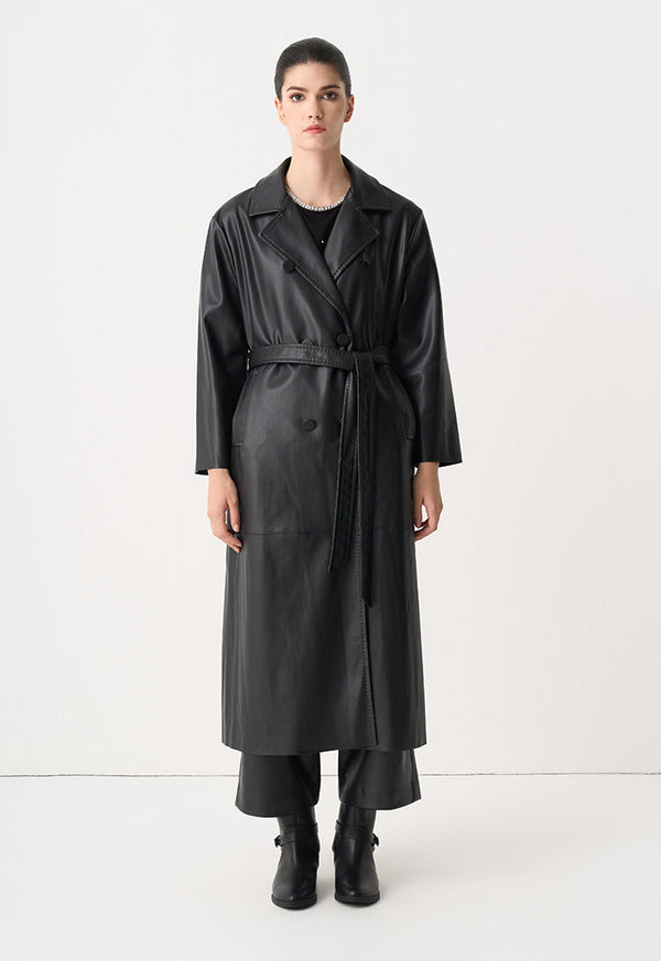 Choice Synthetic Leather Belted Maxi Trench Coat Black