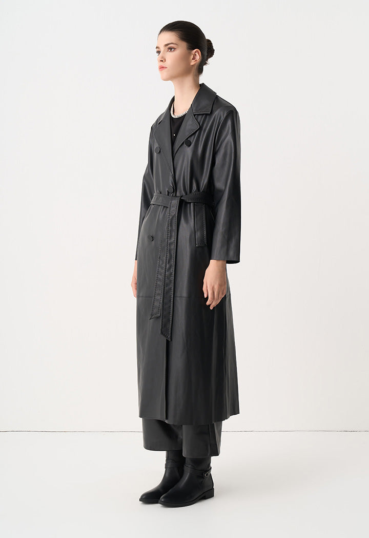 Choice Synthetic Leather Belted Maxi Trench Coat Black