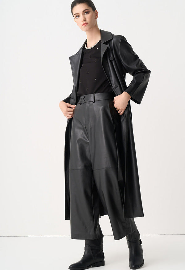 Choice Synthetic Leather Belted Maxi Trench Coat Black